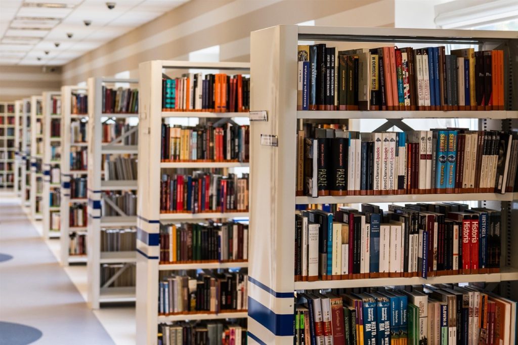 Rows of bookshelves in a public library